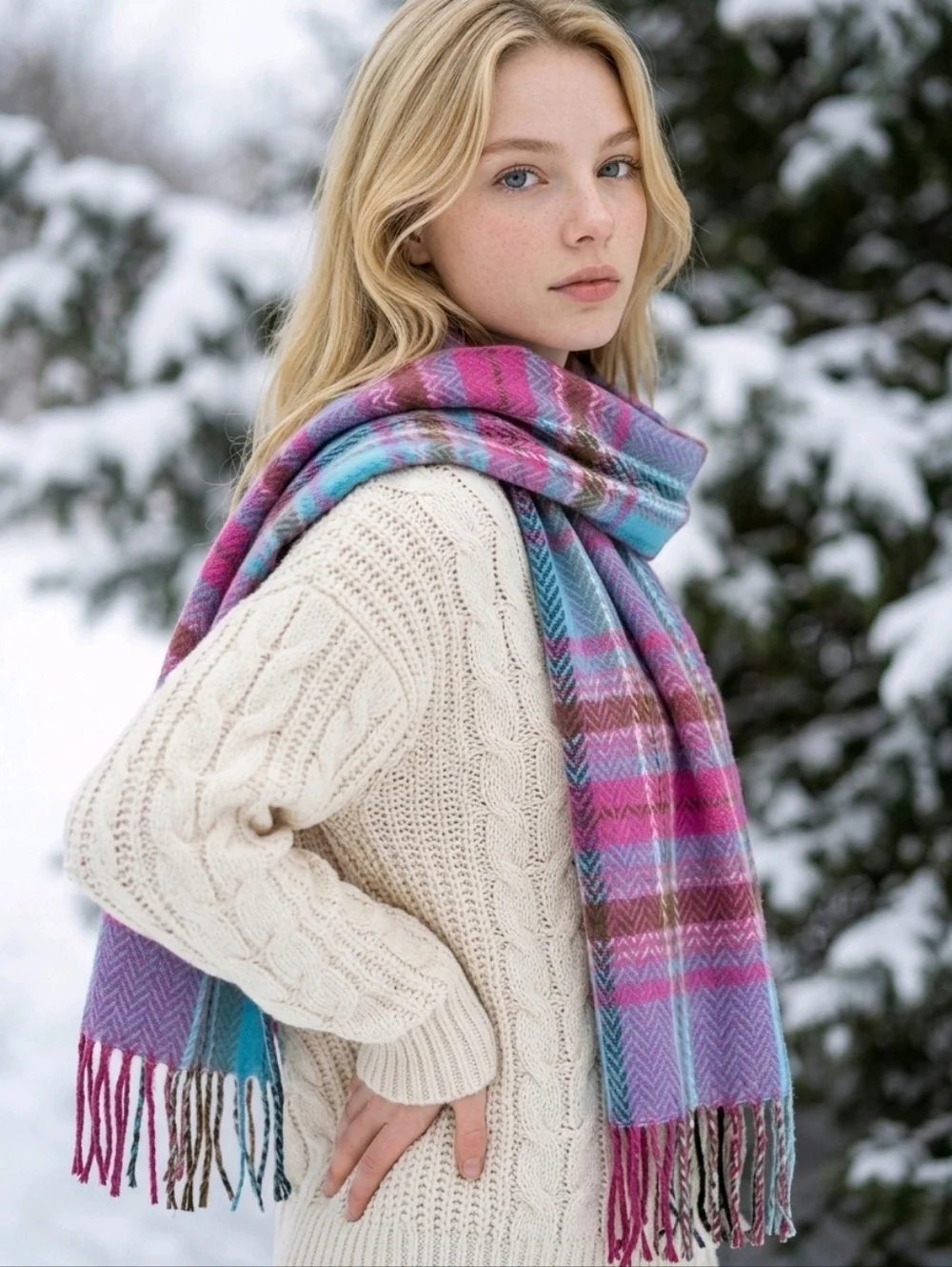 NWT SO Vibrant Pink and Blue Green Plaid Scarf